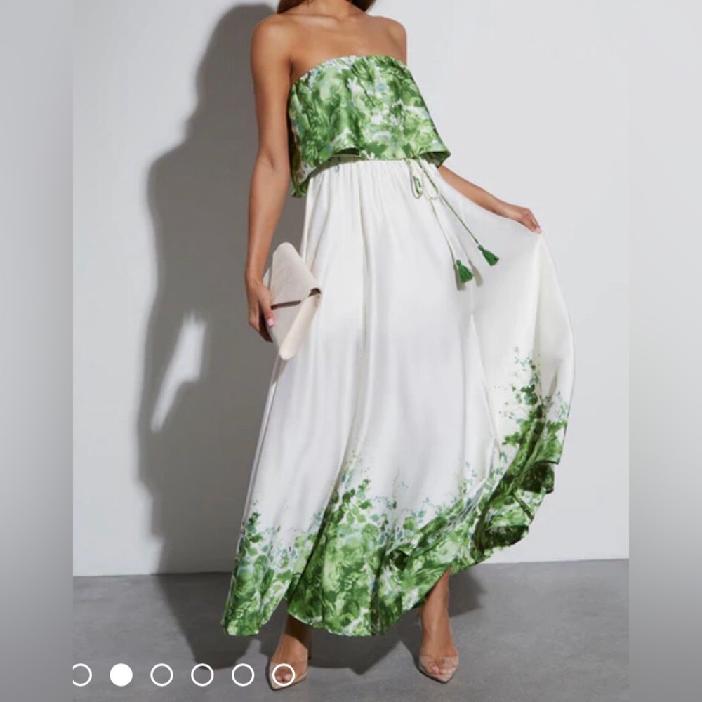 VICI strapless satin maxi dress w/ thigh high slit, drawstring tassel waist NEW